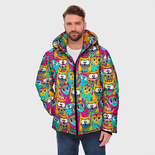 Мужская зимняя куртка Разноцветные совы / 3D-Красный – фото 3