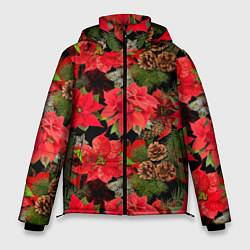 Куртка зимняя мужская Новогодний узор из пуансетии и еловых шишек, цвет: 3D-красный