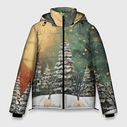 Куртка зимняя мужская Большая луна и новогодний лес, цвет: 3D-черный