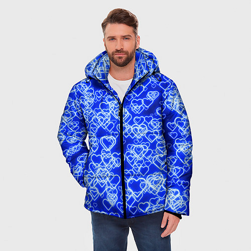 Мужская зимняя куртка Неоновые сердечки синие / 3D-Светло-серый – фото 3