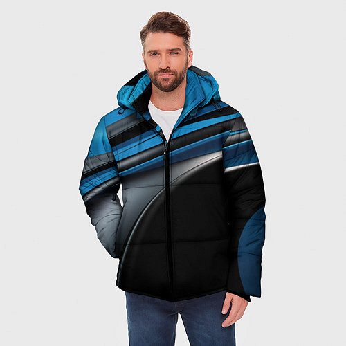 Мужская зимняя куртка Синяя и черная абстракция геометрическая / 3D-Красный – фото 3