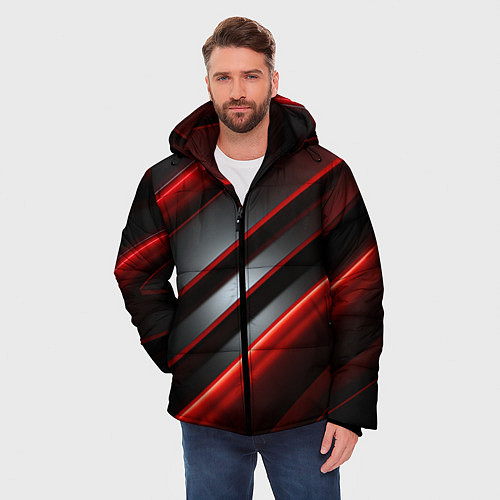 Мужская зимняя куртка Яркий красный свет из черной абстракции / 3D-Красный – фото 3