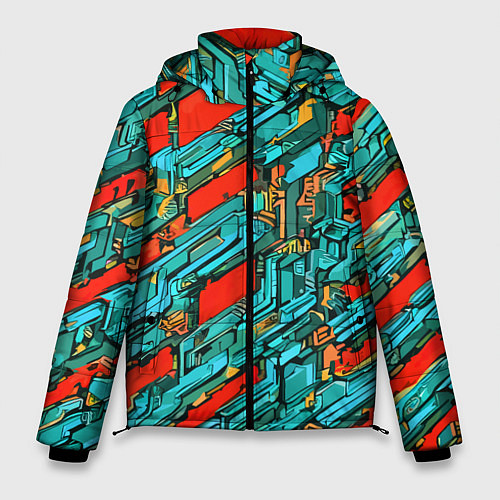 Мужская зимняя куртка Голубые фрагменты на красном фоне / 3D-Светло-серый – фото 1