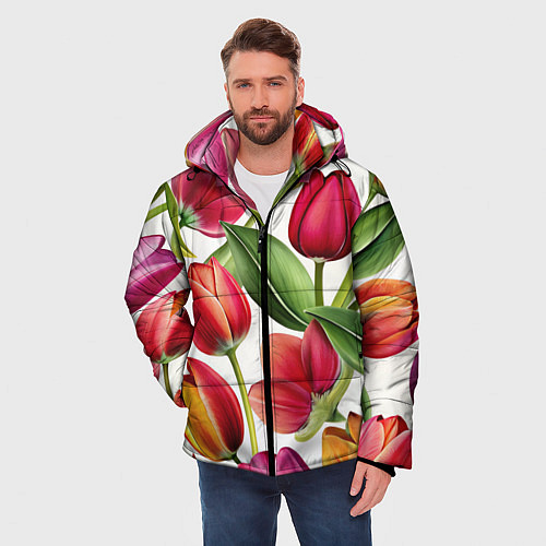 Мужская зимняя куртка Паттерн с тюльпанами / 3D-Красный – фото 3