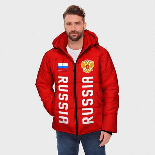 Мужская зимняя куртка Россия три полоски на красном фоне / 3D-Красный – фото 3