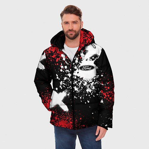 Мужская зимняя куртка Форд на фоне граффити и брызг красок / 3D-Красный – фото 3