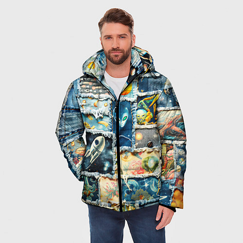 Мужская зимняя куртка Космические обитатели - пэчворк / 3D-Красный – фото 3