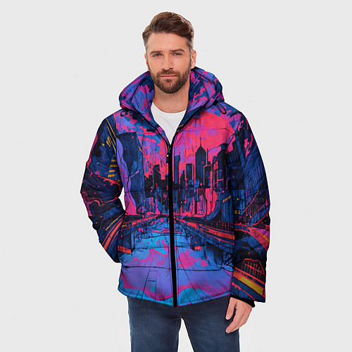 Мужская зимняя куртка Город в психоделических цветах / 3D-Красный – фото 3