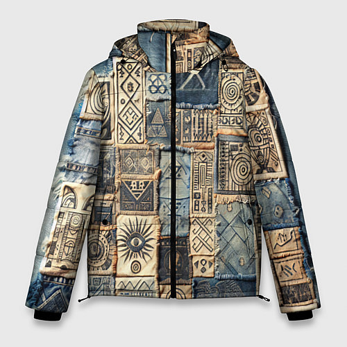Мужская зимняя куртка Татуировки племени майя пэчворк / 3D-Светло-серый – фото 1
