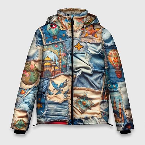 Мужская зимняя куртка Джинсы в Турции - пэчворк / 3D-Светло-серый – фото 1