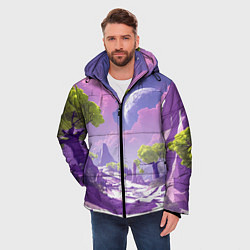 Куртка зимняя мужская Фиолетовые горы зеленые деревья и космос, цвет: 3D-красный — фото 2