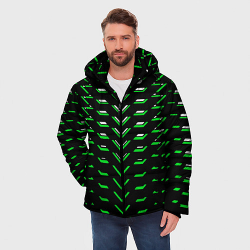 Мужская зимняя куртка Зелёно-белые полосы на чёрном фоне / 3D-Красный – фото 3