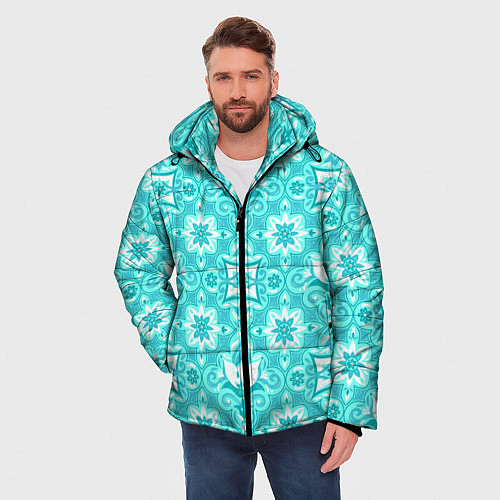 Мужская зимняя куртка Бирюзовая цветочная геометрия / 3D-Красный – фото 3