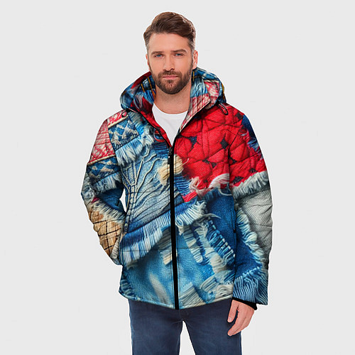 Мужская зимняя куртка Авангардный джинсовый пэчворк - нейросеть / 3D-Красный – фото 3