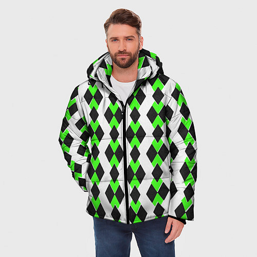 Мужская зимняя куртка Чёрные и зелёные ромбы на белом фоне / 3D-Красный – фото 3