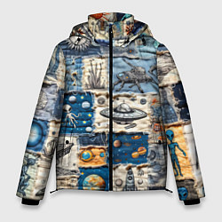 Куртка зимняя мужская Джинсовый пэчворк с пришельцами, цвет: 3D-светло-серый