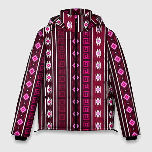 Мужская зимняя куртка Темно-розовый вертикальный этнический узор / 3D-Светло-серый – фото 1