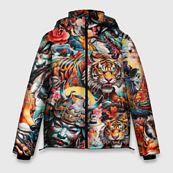 Куртка зимняя мужская Японская татуировка дракона тигра и самурая, цвет: 3D-светло-серый