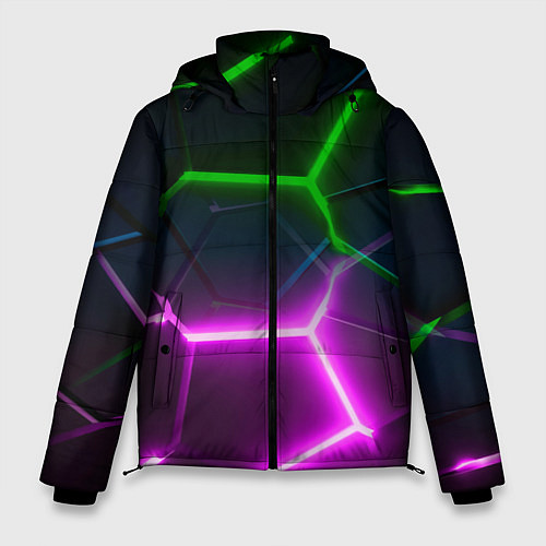 Мужская зимняя куртка Фиолетовые и зеленые неоновые плиты в разломе / 3D-Светло-серый – фото 1