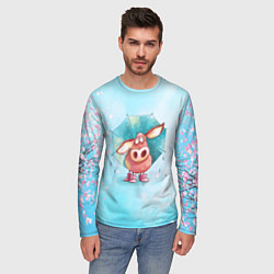 Лонгслив мужской Свинка под зонтиком в дождь, цвет: 3D-принт — фото 2