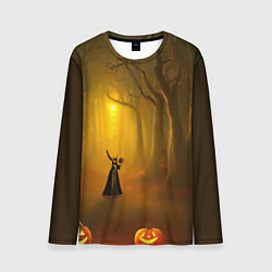 Лонгслив мужской Ведьма в черном платье в заколдованном лесу с тыкв, цвет: 3D-принт