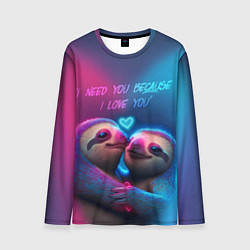 Мужской лонгслив Влюбленные ленивцы обнимаются на фоне неонового се