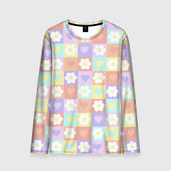 Лонгслив мужской Сердечки и цветочки в пастельных квадратах, цвет: 3D-принт