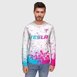 Лонгслив мужской Tesla neon gradient style: символ сверху, цвет: 3D-принт — фото 2