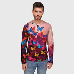 Лонгслив мужской Разноцветные бабочки - розовые цветы, цвет: 3D-принт — фото 2