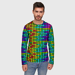 Лонгслив мужской Разноцветные квадраты на чёрном фоне, цвет: 3D-принт — фото 2