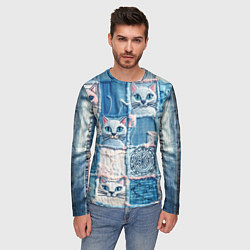 Лонгслив мужской Кошки на пэчворк джинсах паттерн, цвет: 3D-принт — фото 2