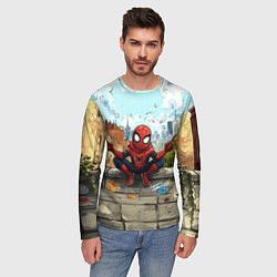 Лонгслив мужской Маленький человек-паук в городе, цвет: 3D-принт — фото 2