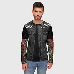 Лонгслив мужской Джинсовка с татуировкой дракона и самурая - имитац, цвет: 3D-принт — фото 2