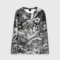 Лонгслив мужской С котами и рыбой на фоне сакуры в волнах, цвет: 3D-принт