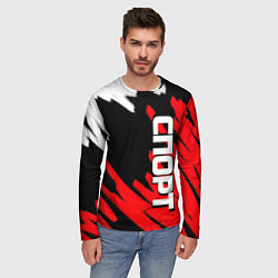 Лонгслив мужской Спорт бело-чёрно-красный штрихи, цвет: 3D-принт — фото 2