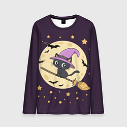 Лонгслив мужской Хэллоуин, кот на метле, луна, цвет: 3D-принт
