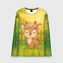 Мужской лонгслив Милый олененок на зеленом дворе