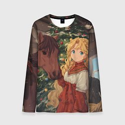 Лонгслив мужской Аниме девочка с лошадкой встречают Новый год, цвет: 3D-принт