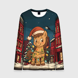 Лонгслив мужской Лошадка в новогодней гирлянде, цвет: 3D-принт