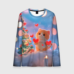 Мужской лонгслив Рыжий котенок в сердечках у елочки