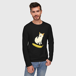 Лонгслив хлопковый мужской Cat no banana meme, цвет: черный — фото 2