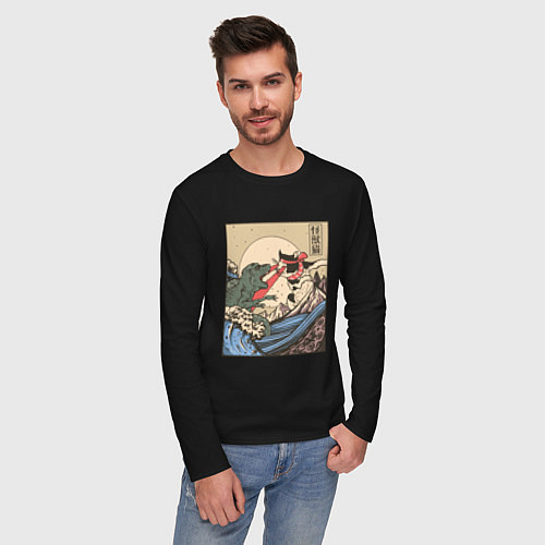 Мужской лонгслив Cat Kong versus Godzilla Kaiju / Черный – фото 3