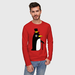 Лонгслив хлопковый мужской Пингвин в шляпе, цвет: красный — фото 2