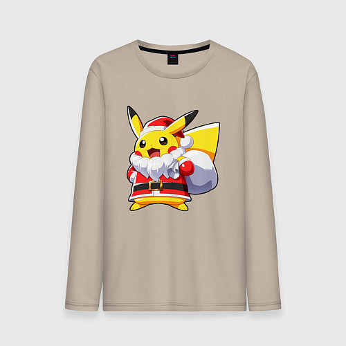 Мужской лонгслив НОВОГОДНИЙ ПИКАЧУ САНТА КЛАУС / Миндальный – фото 1