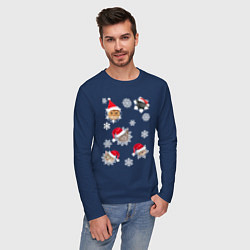 Лонгслив хлопковый мужской Новогодние Коты в Шапках, цвет: тёмно-синий — фото 2