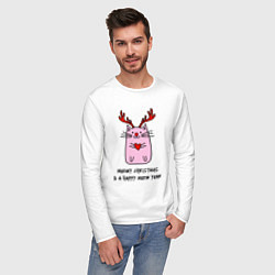 Лонгслив хлопковый мужской Новогодний кот с сердечком в лапках, цвет: белый — фото 2