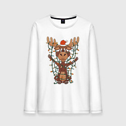 Лонгслив хлопковый мужской НОВОГОДНИЙ ОЛЕНЬ CHRISTMAS DEER, цвет: белый