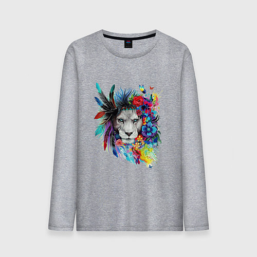 Мужской лонгслив Лев в цветах и перьях / Меланж – фото 1