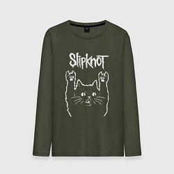 Лонгслив хлопковый мужской Slipknot, Слипкнот Рок кот цвета меланж-хаки — фото 1