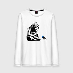 Лонгслив хлопковый мужской BANKSY girl with blue bird БЭНКСИ девочка с синей, цвет: белый